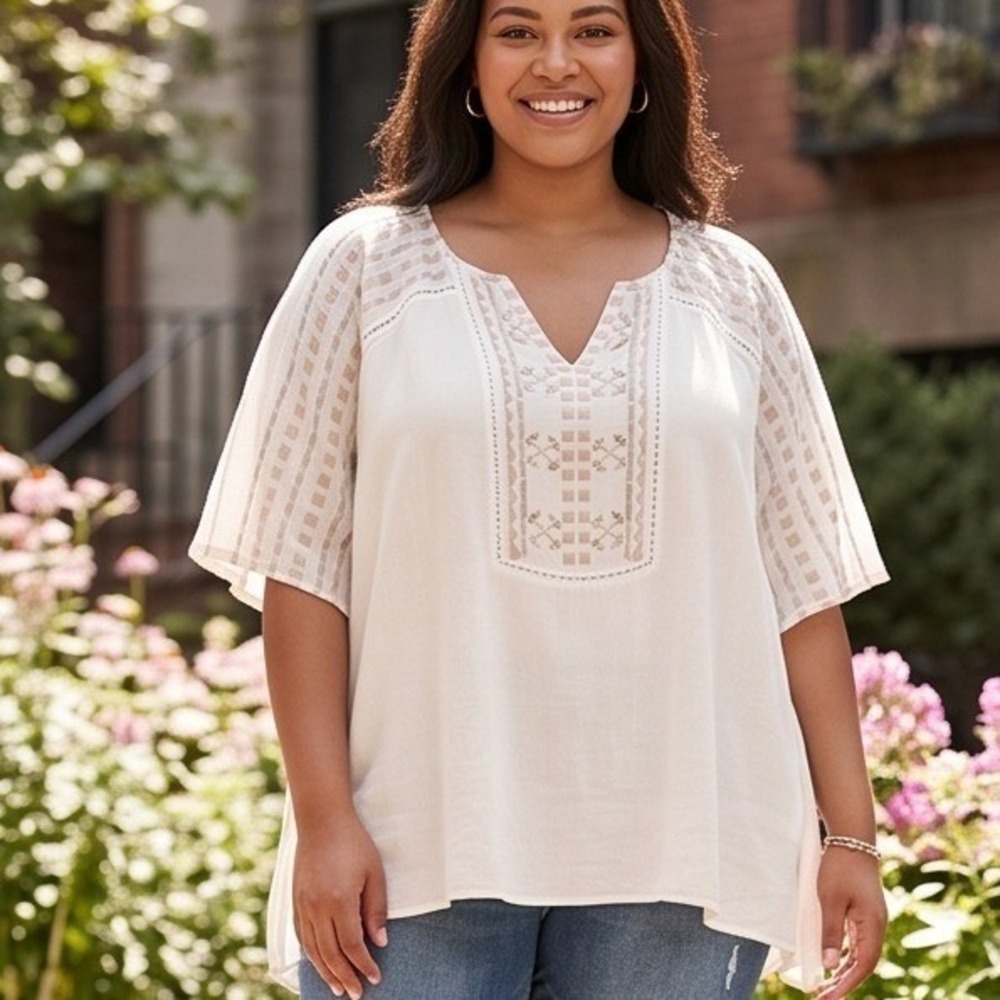 Chico's S/M Ivory Embroidered V-Neck Kimono‎ Sleeve Blouse Top Boho Ethereal